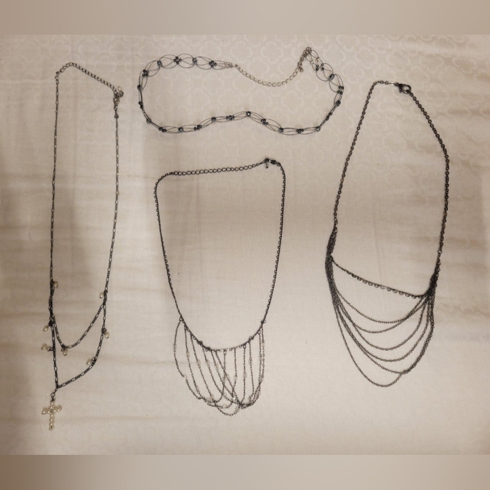 4 adjustable choker necklaces dark silver black multi layer strand vintage goth